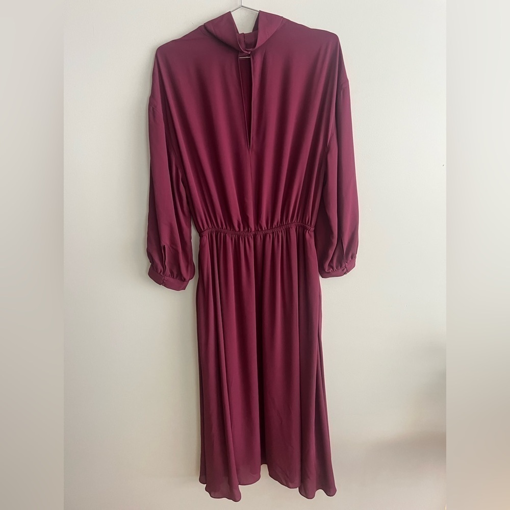 Aritzia Babaton Luke Dress Burgundy Midi Mock Neck 3/4 Sleeve A Line - Picture 9 of 12